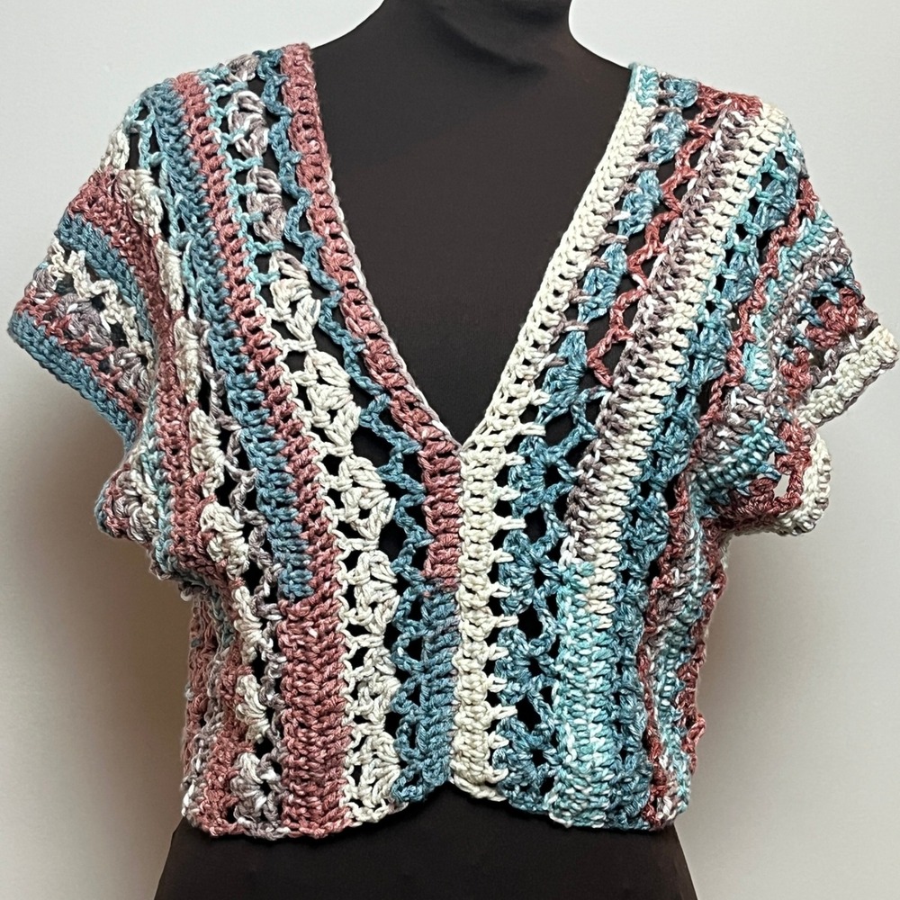 Handmade Crochet Cardigan Womens M Multicolor Boho Open Knit Bolero Shrug